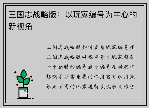 三国志战略版：以玩家编号为中心的新视角